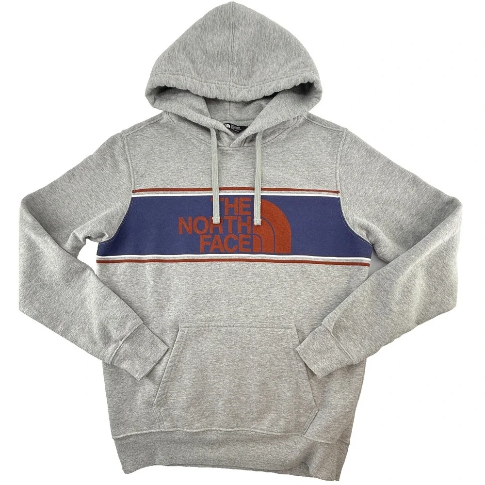 The North Face Mens M Hoodie Gray Logo‎ Stripe Pullover Fleece Kangaroo Pocket